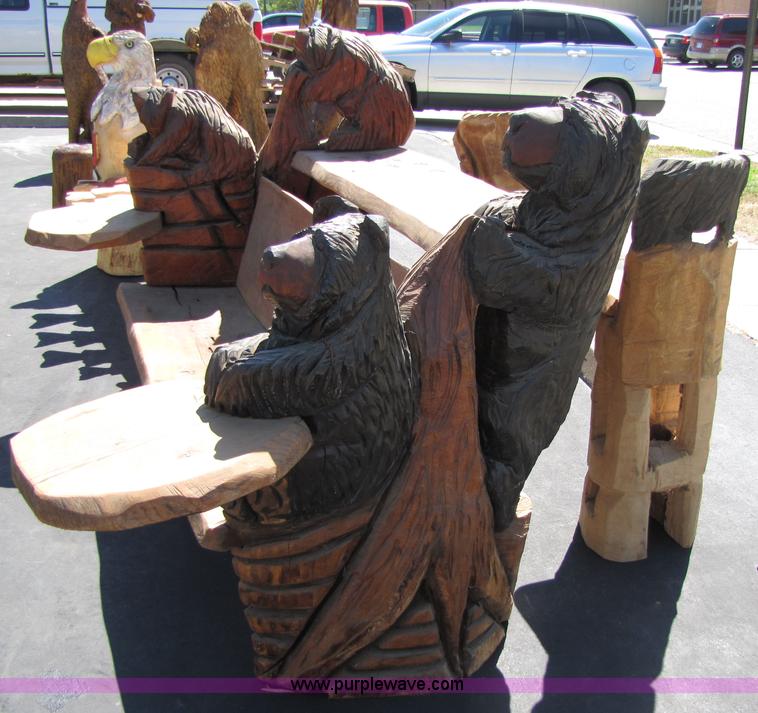 image for item 7196 Bear bar & bench with tow bear stools chainsaw art carving