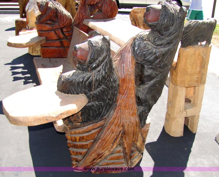 image for item 7196 Bear bar & bench with tow bear stools chainsaw art carving