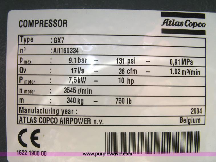 image for item 5041 2004 Atlas Copco GX7 air compressor