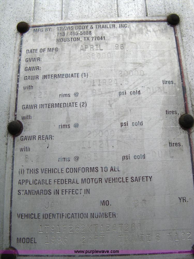 image for item 5087 1996 Travis T102 26' aluminum end dump trailer