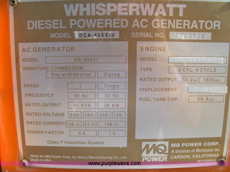 image for item 5093 Multi Quip Whisperwatt MQ Power 45 mobile generator