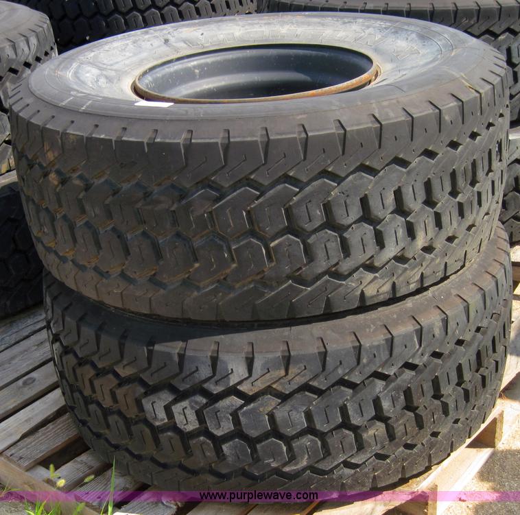 image for item 4464 (2) Michelin 445/65R19.5 tires on 10 bolt rims