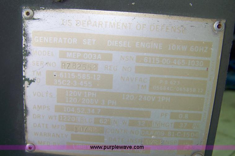 image for item 4131 1982 Onan military issued 10kw continuous run generator