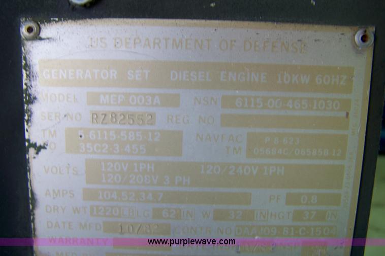 image for item 4131 1982 Onan military issued 10kw continuous run generator