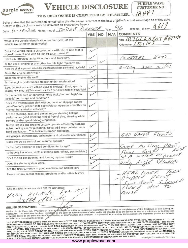 image for item 2619 1996 Dodge Dakota pickup truck