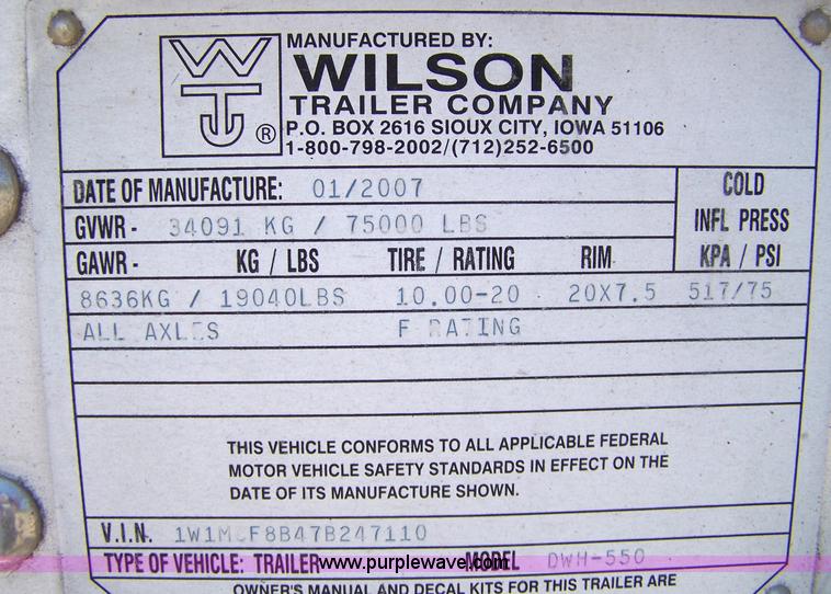 image for item 1000 2007 Wilson 50' x 102" spread-axle grain trailer with 78" sides