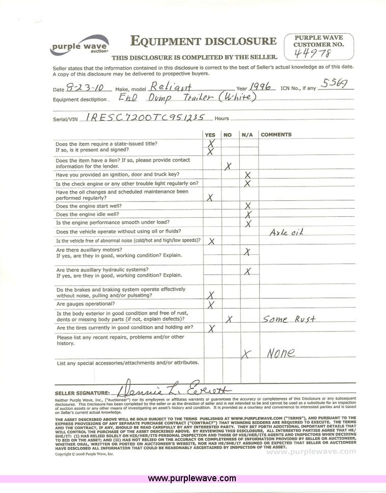 image for item 5569 1996 Reliant 31' end dump trailer