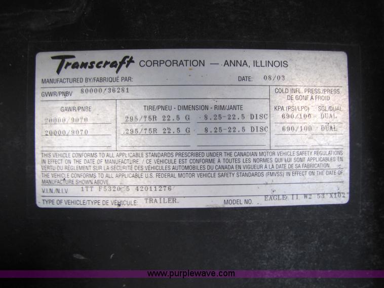 image for item 5260 2004 Transcraft Eagle II aluminum flatbed trailer