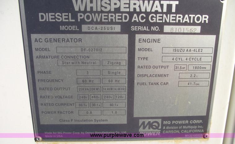 image for item 5953 Multiquip Whisperwatt 25kw tow-able generator