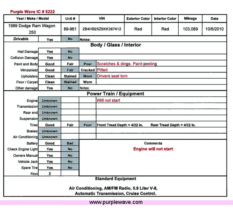 image for item 5222 1989 Dodge Ram Wagon B250