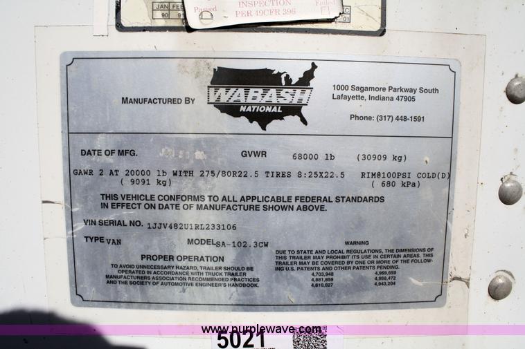 image for item 5021 1994 Wabash SA102-3CW 48' van trailer with interior shelving and lighting