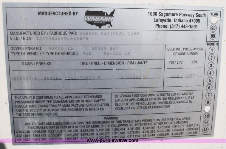 image for item 7160 1998 Wabash SA-102-CW 48' van trailer