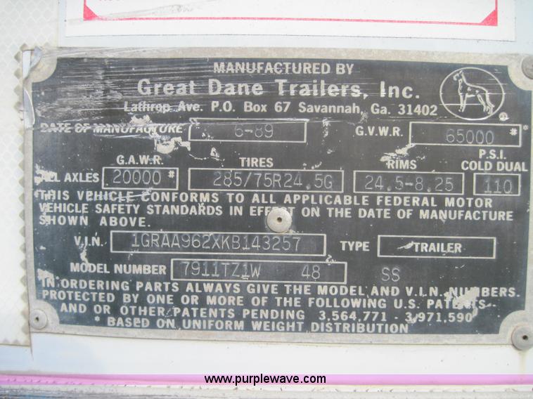 image for item 4326 1989 Great Dane 48' reefer semi trailer
