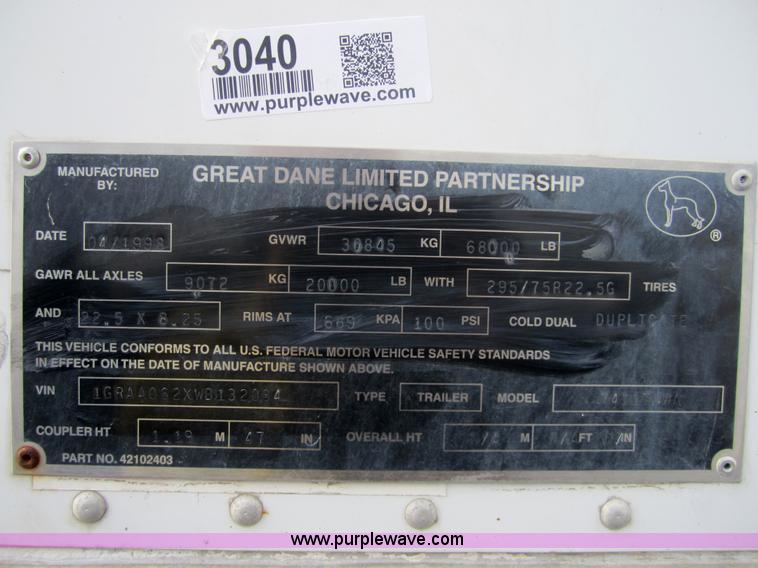 image for item 3040 1998 Great Dane 7411TJWA 53' dry van semi-trailer