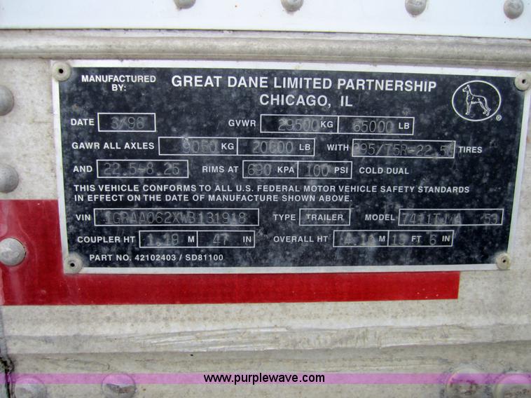 image for item 3042 1998 Great Dane 7411TJWA 53' dry van semi-trailer