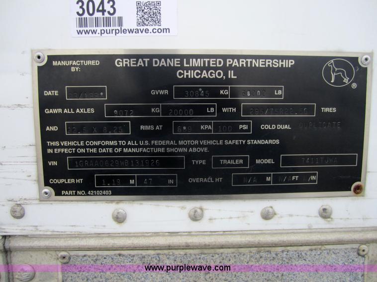 image for item 3043 1998 Great Dane 7411TJWA 53' dry van semi-trailer