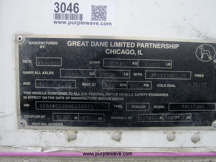 image for item 3046 1998 Great Dane 7411TJWA 53' dry van semi-trailer