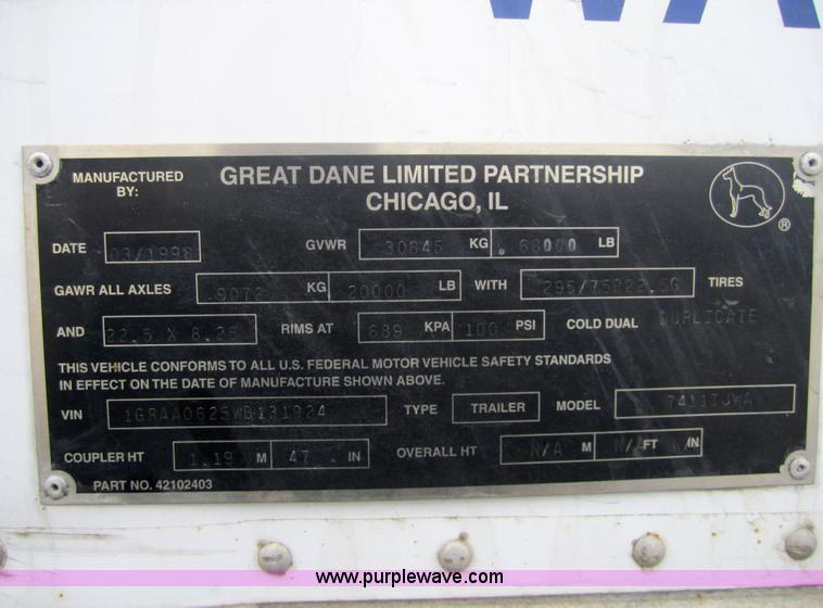 image for item 3050 1998 Great Dane 7411TJWA 53' dry van semi-trailer