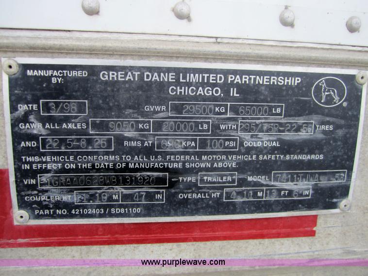 image for item 3051 1998 Great Dane 7411TJWA 53' dry van semi-trailer