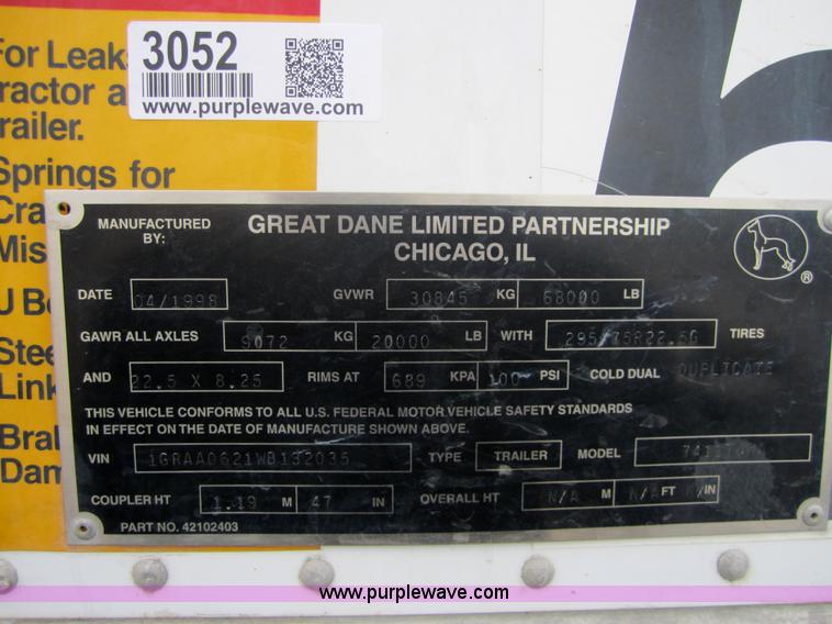 image for item 3052 1998 Great Dane 7411TJWA 53' dry van semi-trailer