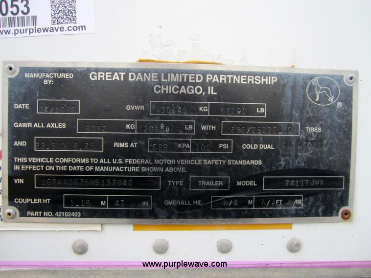 image for item 3053 1998 Great Dane 7411TJWA 53' dry van semi-trailer