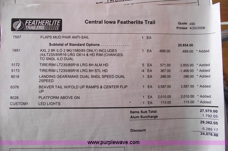 image for item 5387 2006 Featherlite 1585 all aluminum goose neck trailer