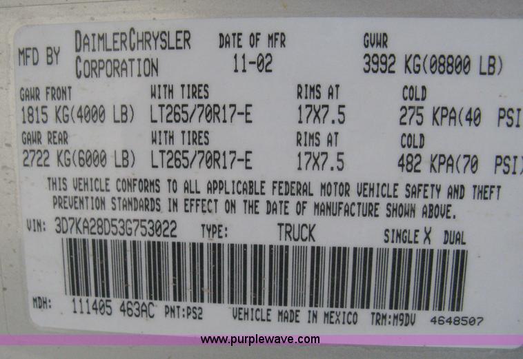 image for item 8145 2003 Dodge Ram 2500 SLT Heavy Duty quad-cab pickup truck