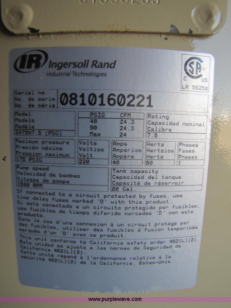 image for item 5198 Ingersoll Rand 2475 80 gallon vertical air compressor