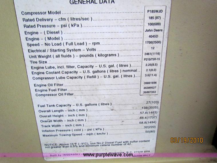 image for item 7502 1999 Ingersoll Rand P185WJD air compressor