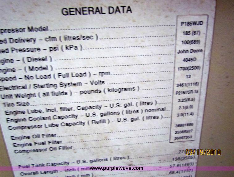 image for item 7502 1999 Ingersoll Rand P185WJD air compressor