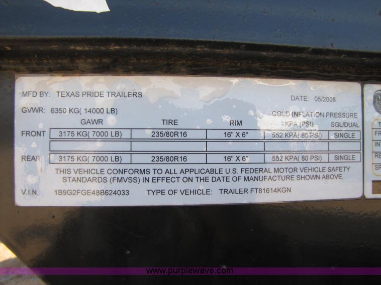 image for item 3505 2008 Texas Pride 16' end dump goose neck trailer