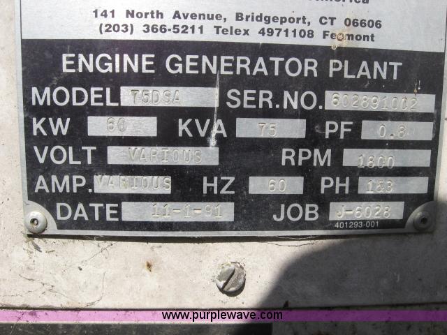 image for item 5936 1991 Fremont Dynamics Of America 750SA generator