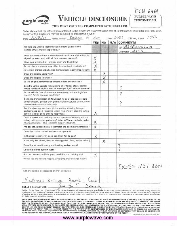 image for item 6469 2001 Dodge Ram 1500 quad cab pickup truck