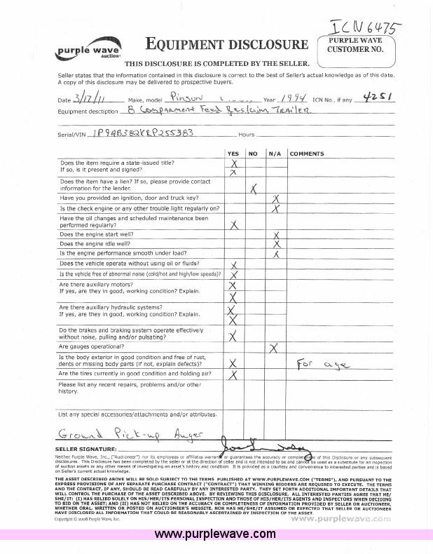 image for item 6475 1994 Pinson 42' feed trailer with reclaim unit