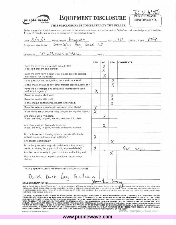 image for item 6480 1995 Barrett 53' straight deck hog trailer
