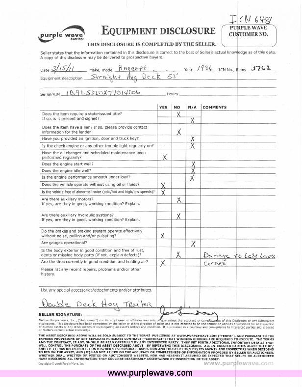 image for item 6481 1995 Barrett 53' straight deck hog trailer