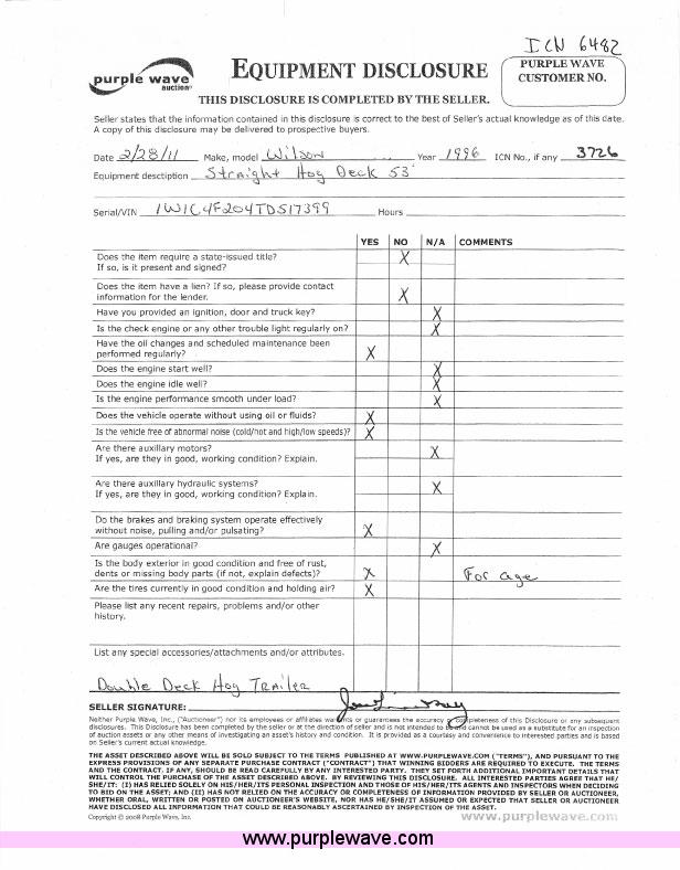 image for item 6482 1996 Wilson 53' straight deck hog trailer