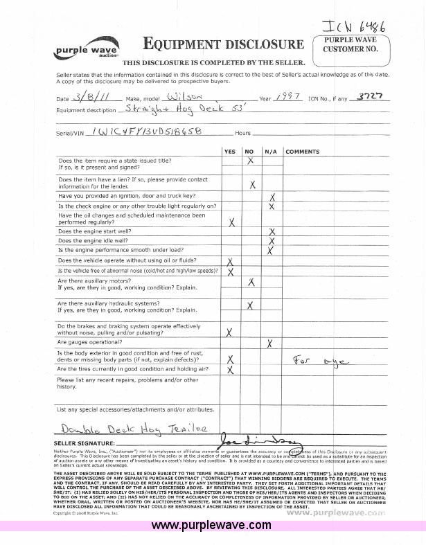 image for item 6486 1997 Wilson 53' straight deck hog trailer