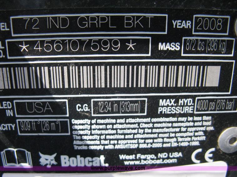 image for item 8205 2008 Bobcat 72" industrial bucket with grapple