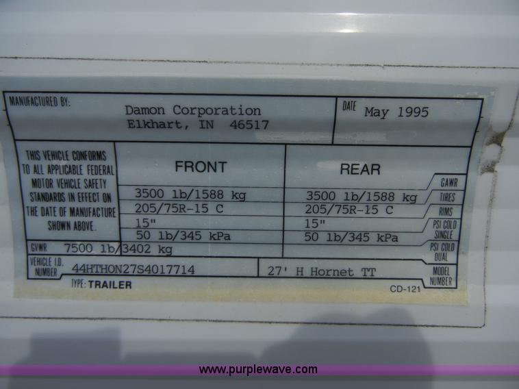 image for item 2216 1995 Damon Hornet 28' pull behind camper