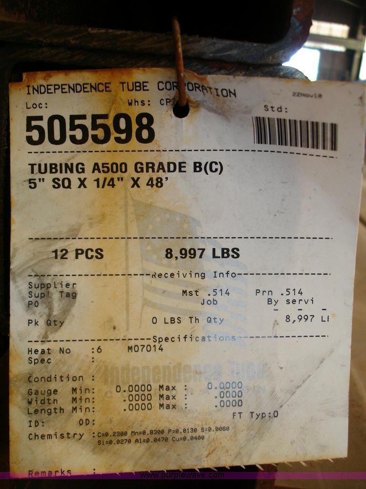 image for item 8712 (12) 5"W x 5"H x 48'L x 1/4" thick metal tubes