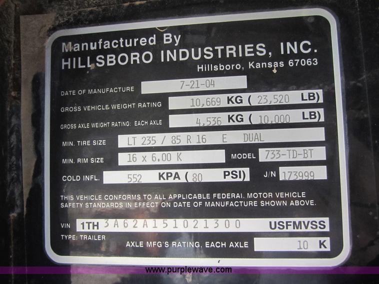 image for item 3765 2004 Hillsboro goose neck trailer