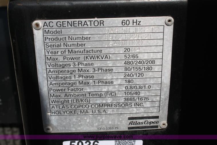 image for item 5036 2004 Atlas Copco QAS-58JD portable generator