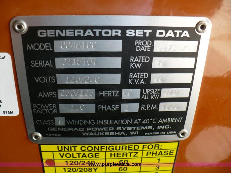 image for item 1652 2003 Generac diesel generator