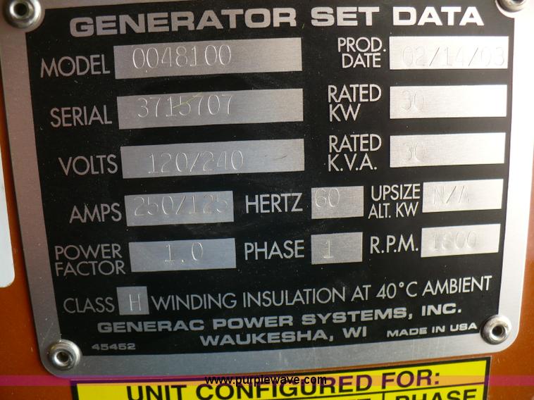 image for item 1652 2003 Generac diesel generator