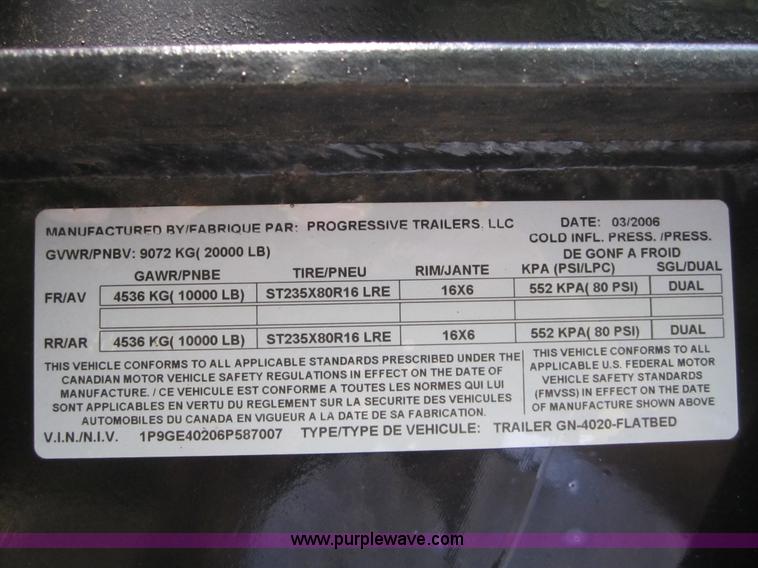 image for item A4797 2006 Progressive flatbed goose neck trailer
