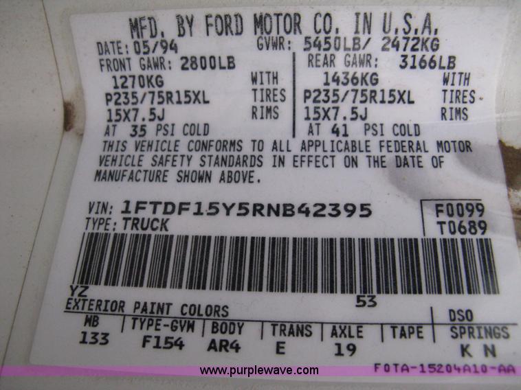 image for item A4367 1994 Ford F150 XL pickup truck