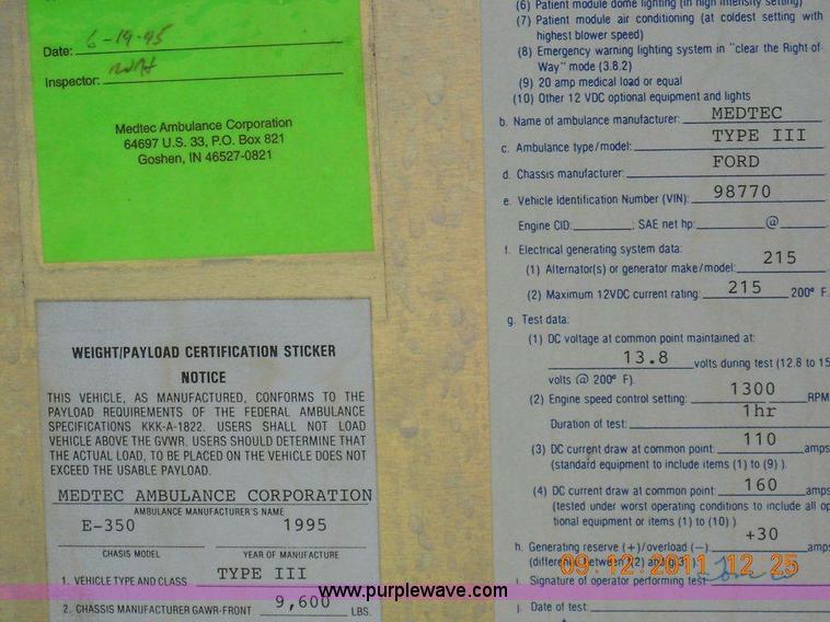 image for item A1349 1995 Ford E350 ambulance