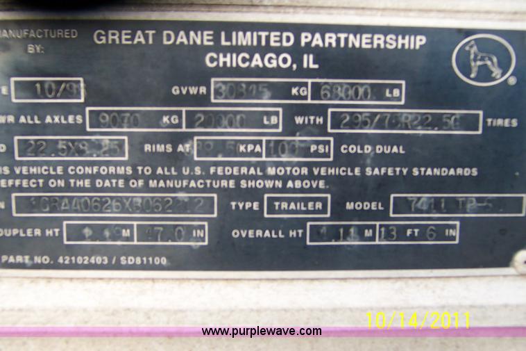 image for item A1488 1999 Great Dane 53' dry van trailer