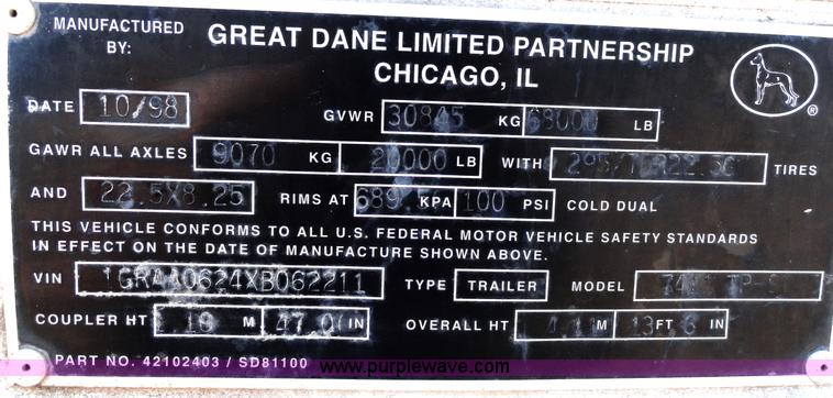 image for item C5049 1999 Great Dane 53' dry van trailer